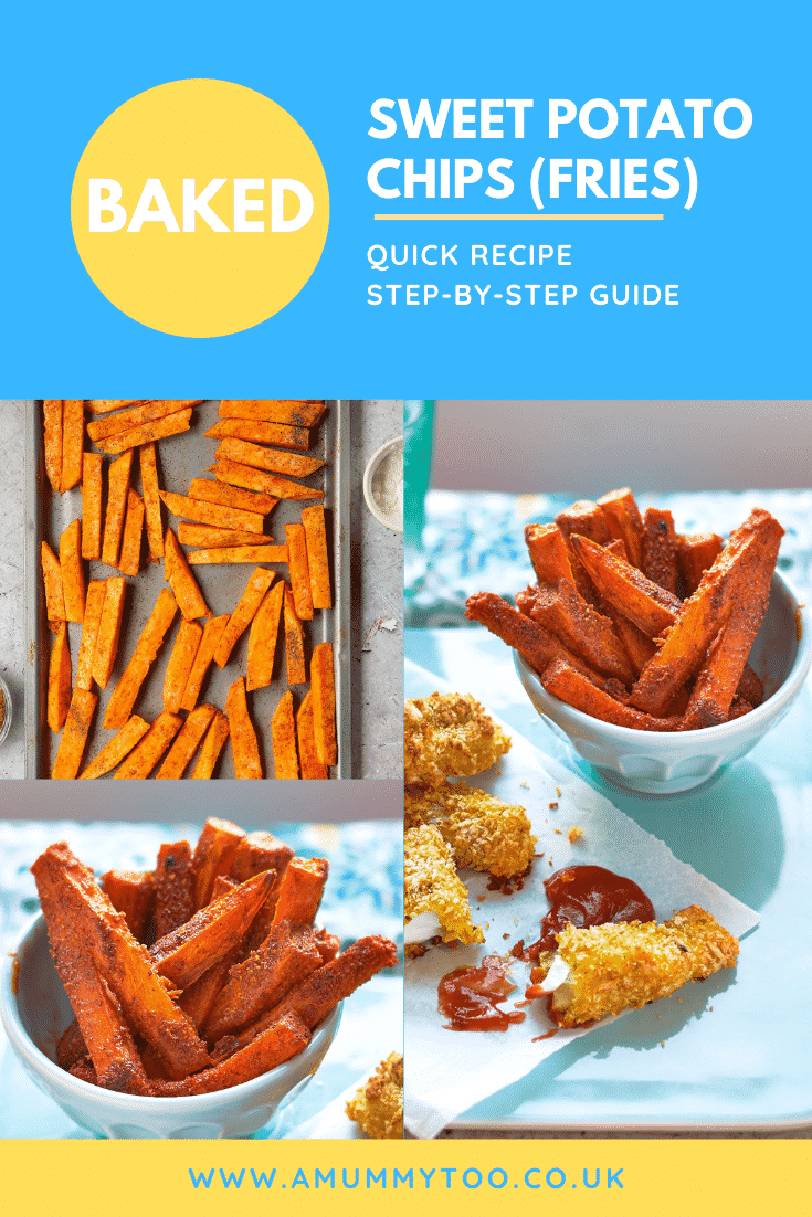 Sweet potato fries on a tray and in a white bowl. The fries are seasoned. Caption reads: baked sweet potato chips (fries) quick recipe step-by-step guide