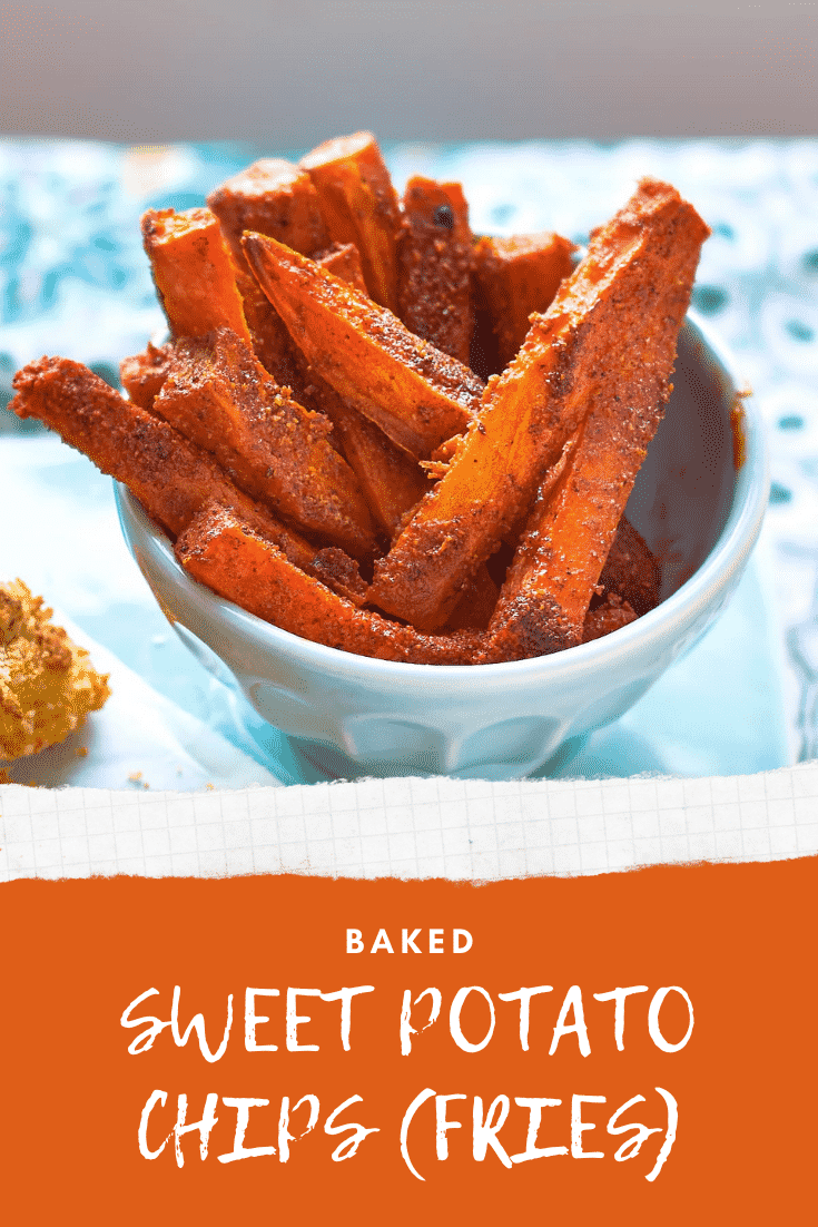 Sweet potato fries in a white bowl. Caption reads: baked sweet potato chips (fries)
