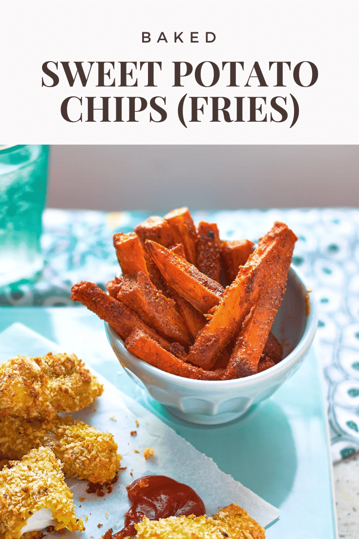 Sweet potato fries in a white bowl beside breaded fish. Caption reads: baked sweet potato chips (fries)