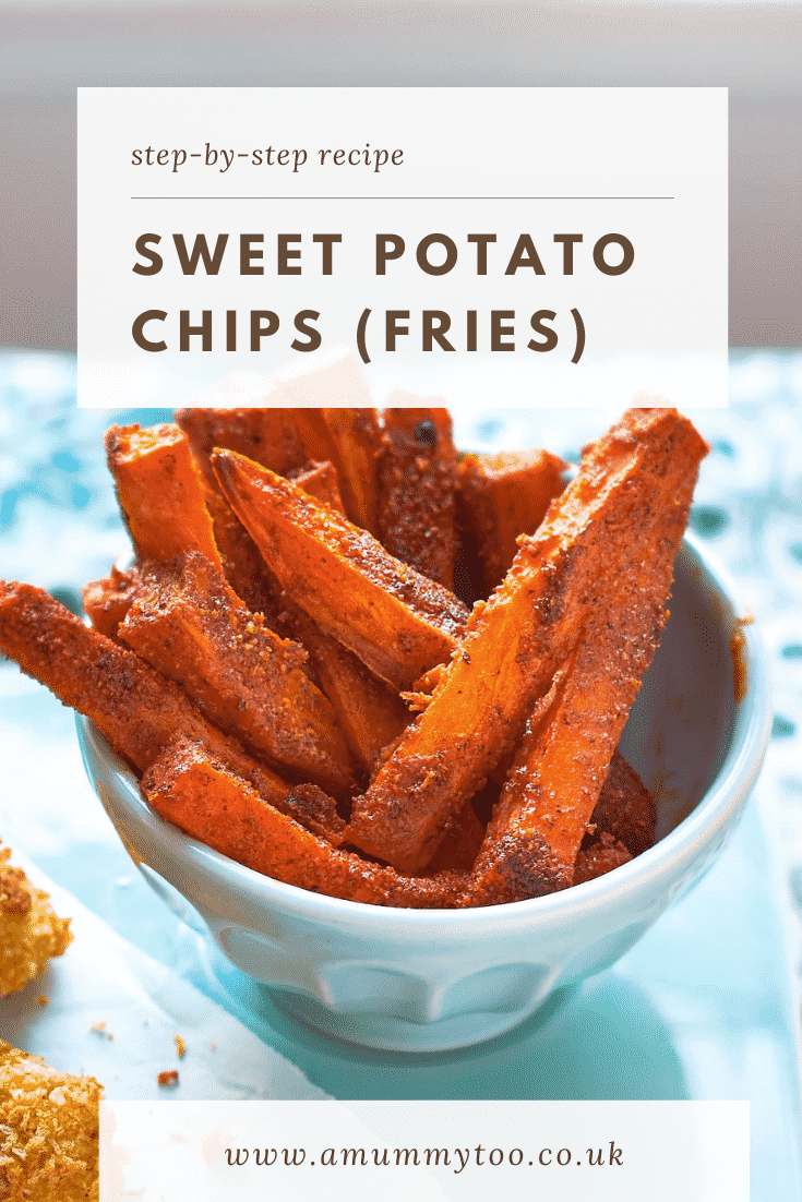 Sweet potato fries in a white bowl. The fries are seasoned. Caption reads: step-by-step recipe baked sweet potato chips (fries)