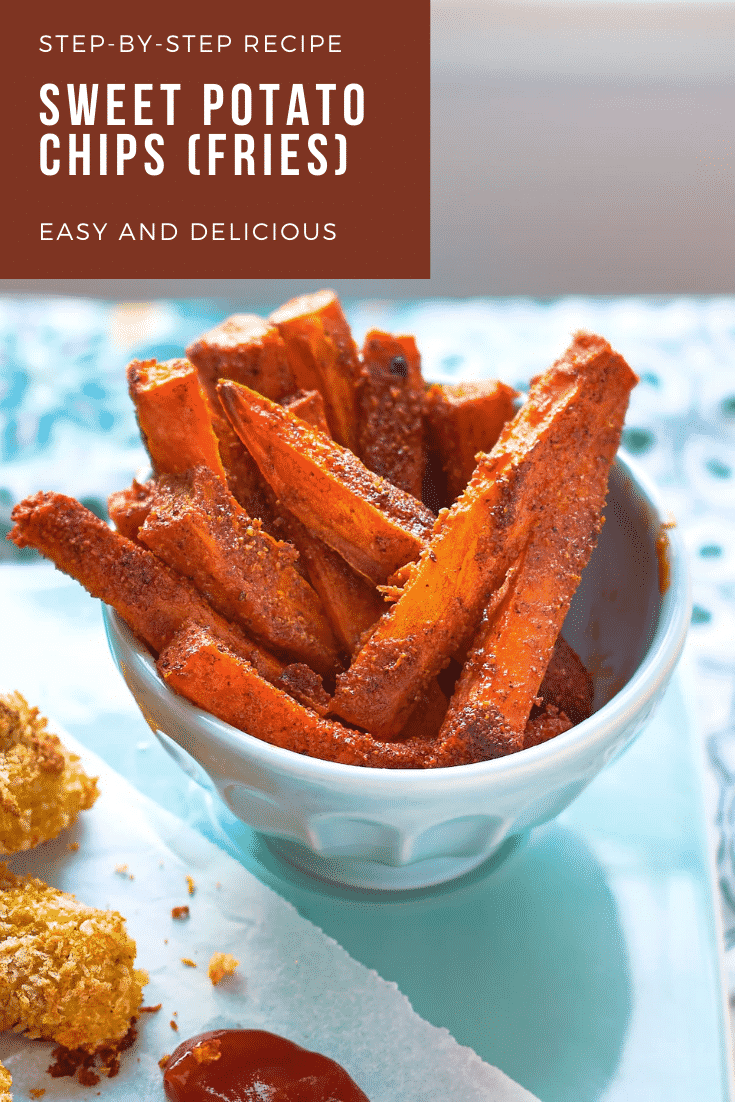 Sweet potato fries in a white bowl. The fries are seasoned. Caption reads: step-by-step recipe baked sweet potato chips (fries) easy and delicious