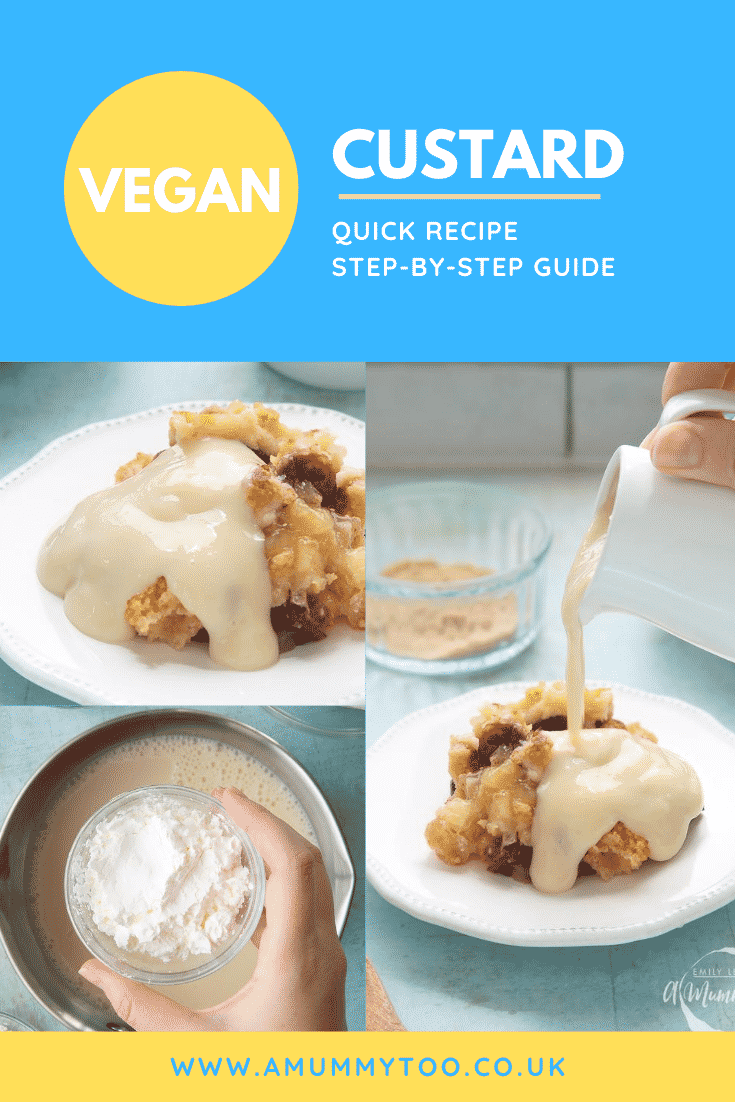 A caption of images showing the making and serving of vegan custard on berry crumble. Caption reads: vegan custard quick recipe step-by-step guide
