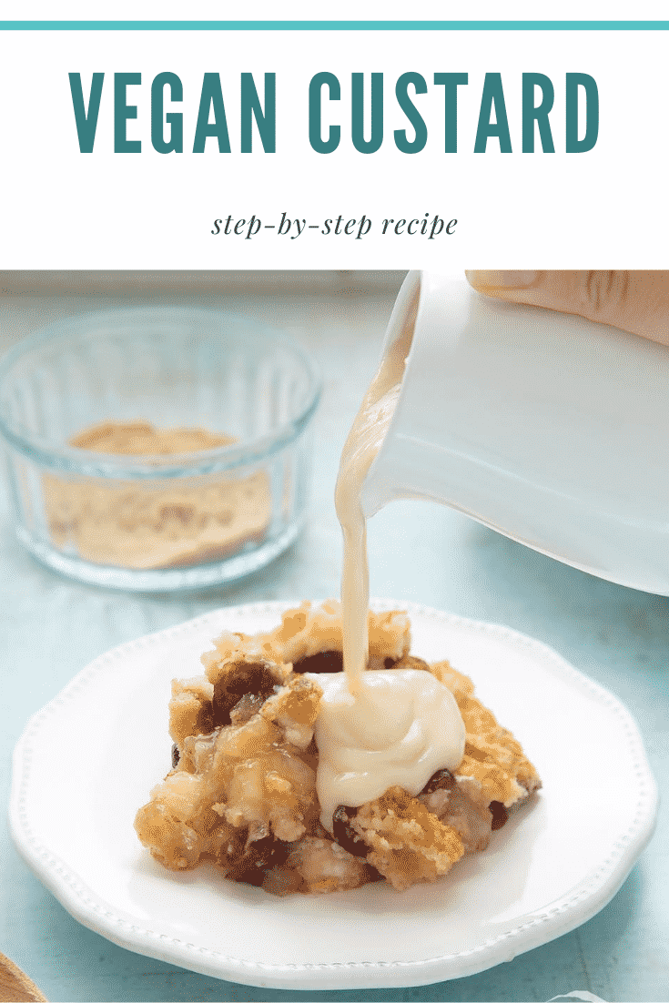 A berry crumble on a white plate covered with vegan custard being poured from a white jug. Caption reads: vegan custard step-by-step recipe