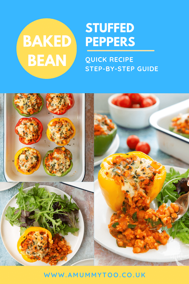 Collage of images showing stuffed peppers in their roasting tray and served. Caption reads: Baked bean stuffed peppers quick recipe step-by-step guide