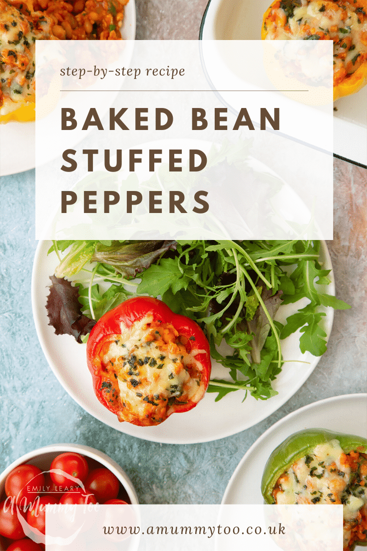 A red stuffed pepper served on a white plate. Caption reads: Step-by-step recipe baked bean stuffed peppers