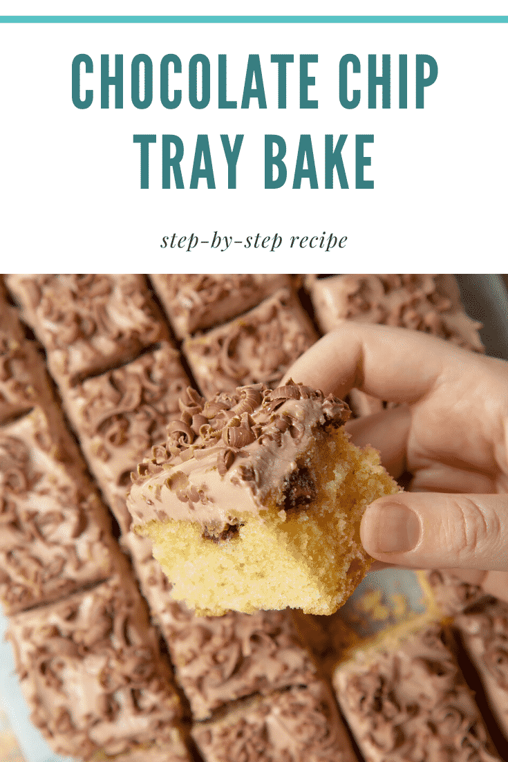 Hand holding a piece of chocolate chip tray bake. Caption reads: chocolate chip tray bake step-by-step recipe