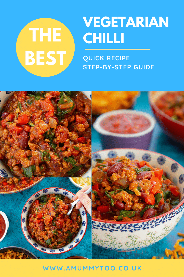 A collage of images showing a bowl of vegetarian mince chilli. Caption reads: the best vegetarian chilli quick recipe step-by-step guide