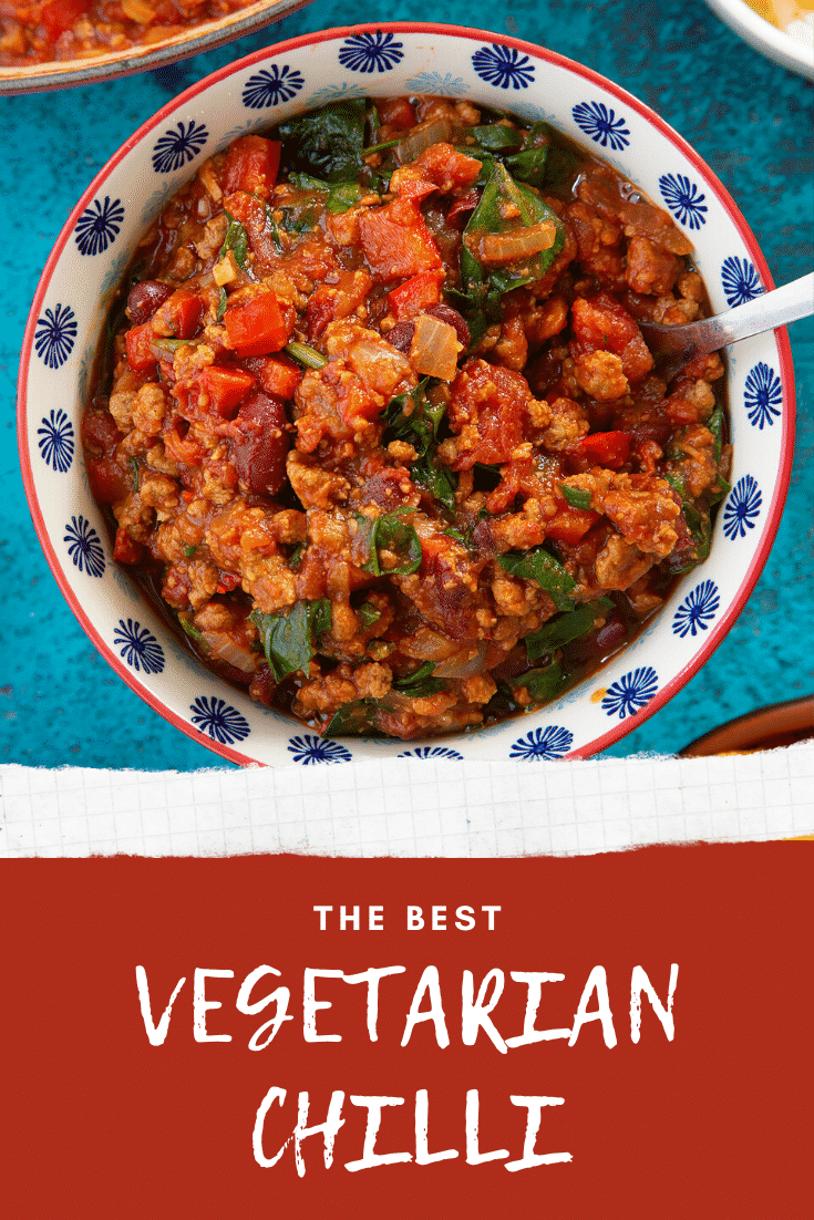 Vegetarian mince chilli in a bowl. A fork is in the bowl. Caption reads: the best vegetarian chilli