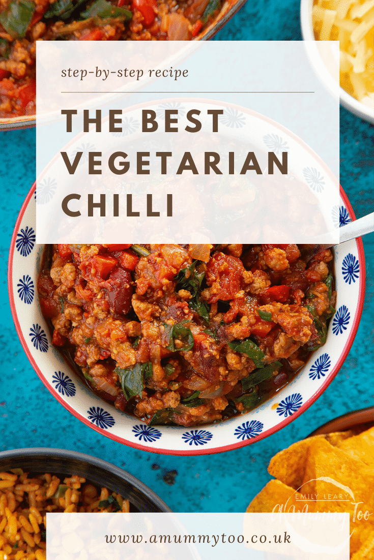 Vegetarian mince chilli in a bowl with a fork. Caption reads: step-by-step recipe the best vegetarian chilli