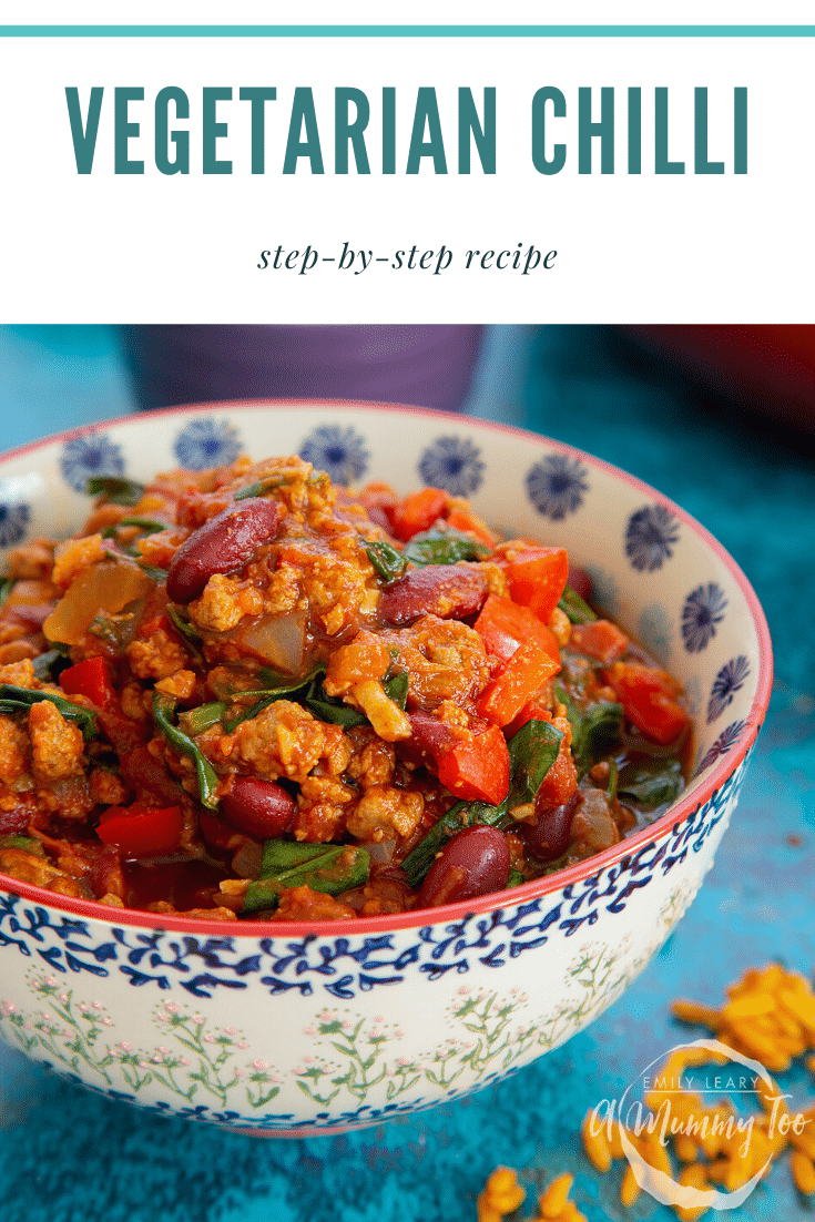 Vegetarian mince chilli in a bowl. Caption reads: Vegetarian chilli step-by-step recipe