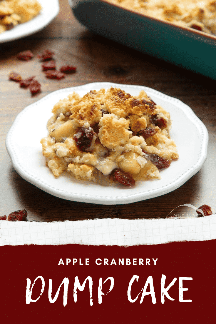 Apple cranberry dump cake served onto a small white plate. Caption reads: apple cranberry dump cake