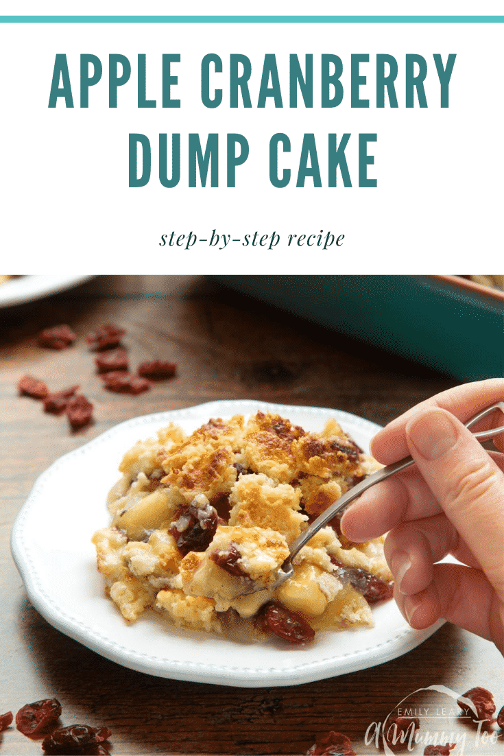 Apple cranberry dump cake served onto a small white plate. A hand holds a spoon, delving into the cake. Caption reads: apple cranberry dump cake step-by-step recipe 