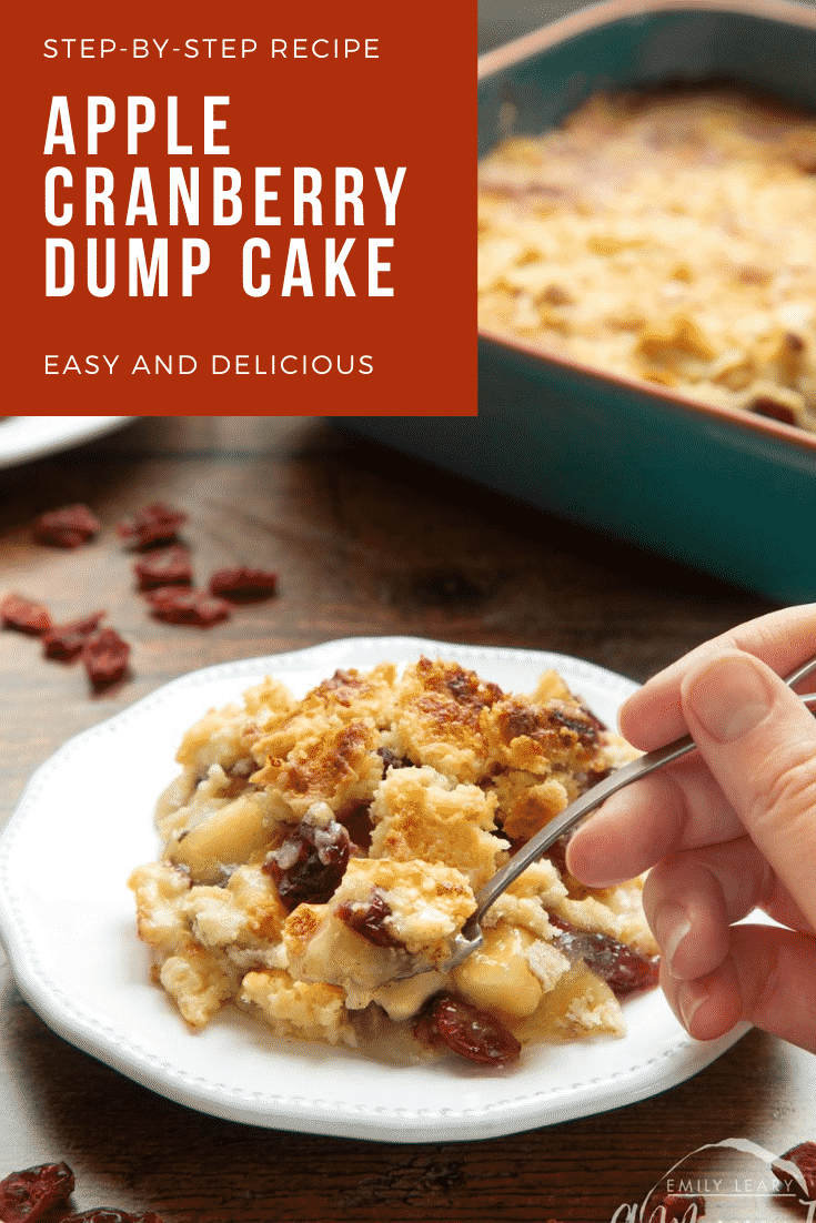 Apple cranberry dump cake served onto a small white plate. A hand holds a spoon, delving into the cake. Caption reads: step-by-step recipe apple cranberry dump cake easy and delicious