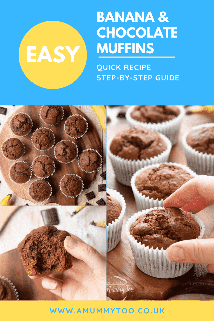 Graphic text EASY BANANA  & CHOCOLATE MUFFINS QUICK RECIPE STEP-BY-STEP GUIDE above collage of overhead shot of banana and chocolate muffins, front angle shot of a hand holding a banana and chocolate muffin, and  front angle shot of a hand holding a banana and chocolate muffin