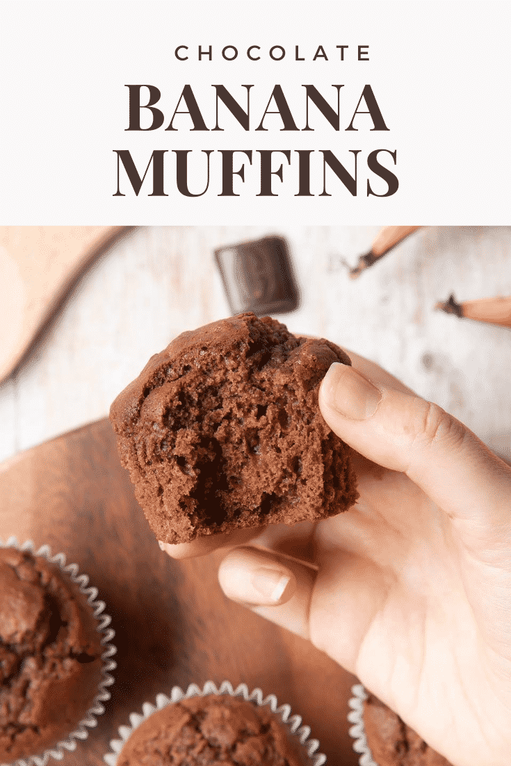 Graphic text CHOCOLATE BANANA MUFFINS above front angle shot of a hand holding a half eaten banana and chocolate muffins