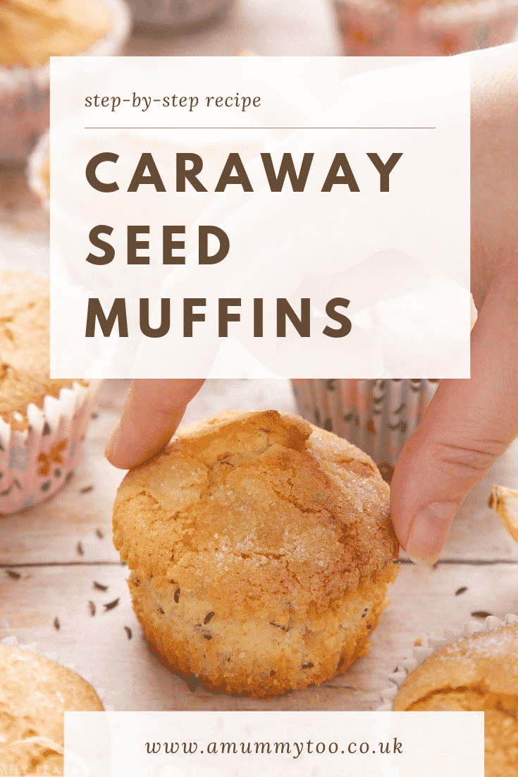 graphic text CARAWAY SEED MUFFIN step-by-step recipe above overhead shot of a hand touching caraway seeds muffin with floral case