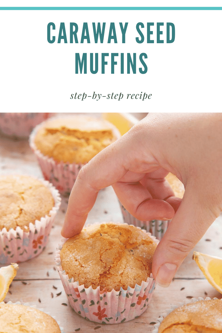 graphic text STEP-BY-STEP RECIPE CARAWAY SEED MUFFIN EASY AND DELICIOUS above Overhead shot of a hand holding an uncased caraway seeds muffin