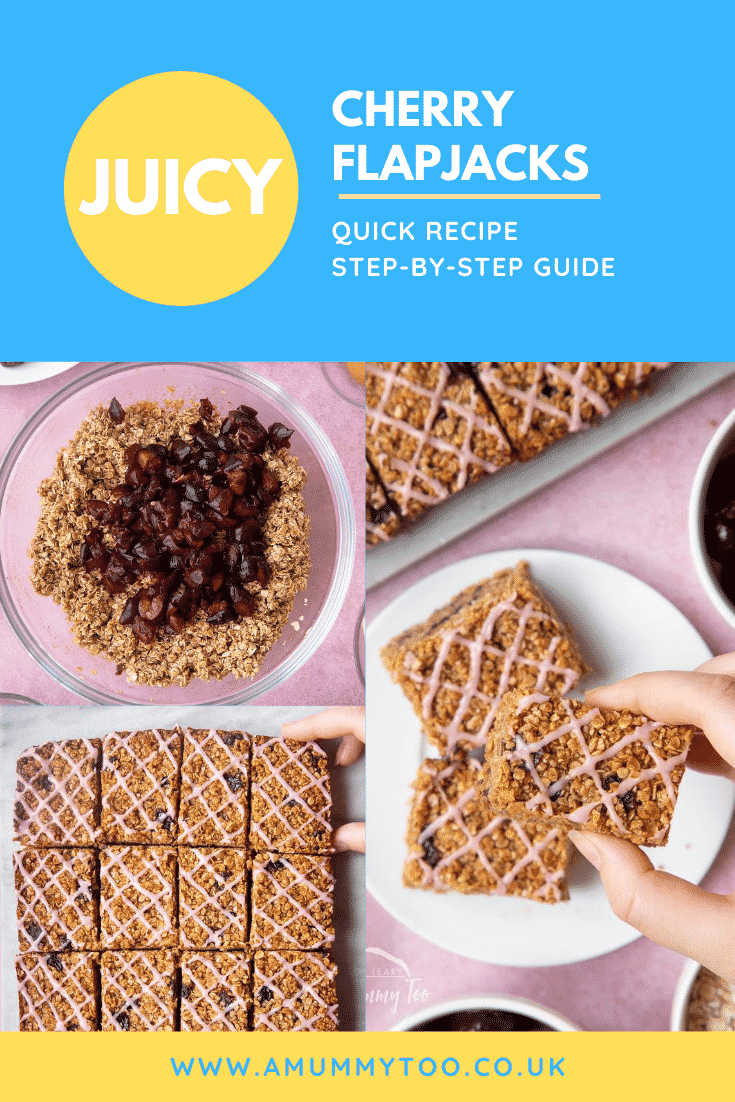 graphic text JUICY CHERRY FLAPJACKS QUICK RECIPE STEP-BY-STEP GUIDE above collage of three cherry oat bars photos with website URl below