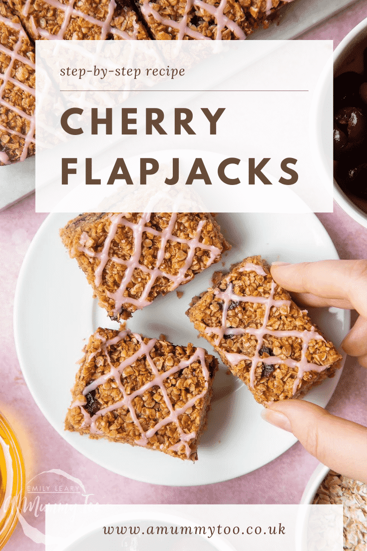 Graphic text CHERRY FLAPJACKS step-by-step recipe above Front angle shot of a hand holding an eaten cherry flapjack