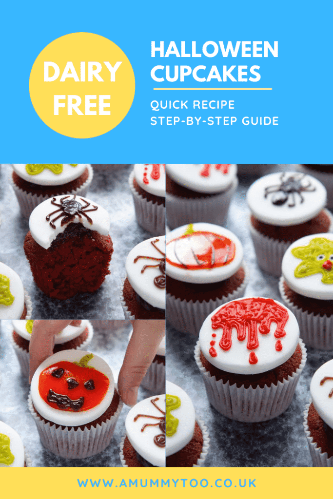 Collage of images showing dairy free Halloween cupcakes: red velvet cupcakes topped with chocolate frosting and white fondant discs decorated with icing pens. Caption reads: Dairy free Halloween cupcakes. Quick recipe. Step-by-step guide. 