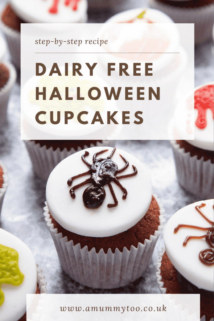 Red velvet cupcakes topped with chocolate frosting and white fondant discs decorated with icing pens. The cupcake in the foreground has a spider design. Caption reads: Step-by-step recipe. Dairy free Halloween cupcakes