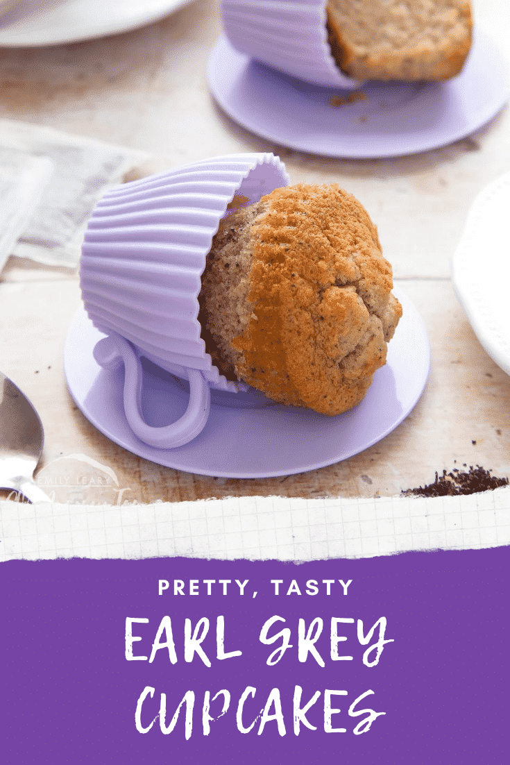 graphic text step-by-step recipe EARL GREY CUPCAKES above Overhead shot of tipped over and half-eaten Earl Grey cupcakes with website URL below