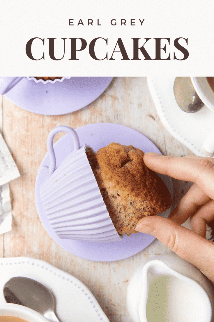 graphic text EARL GREY CUPCAKES step-by-step recipe above Overhead shot of tipped over Earl Grey tea cupcakes