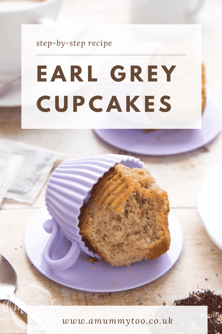 Graphic text for Pinterest overlayed from a side on earl grey cupcake being removed from a silicone mould. 