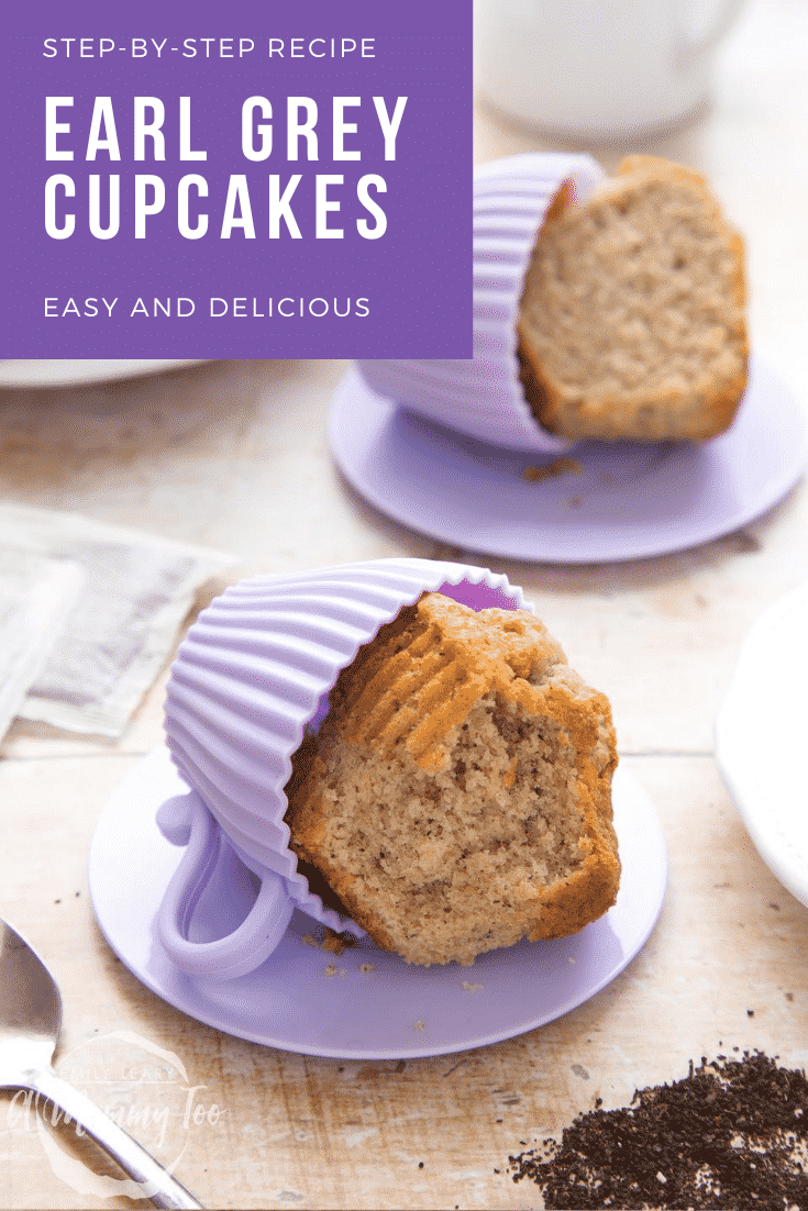 graphic text EASY AND DELICIOUS EARL GREY CUPCAKES STEP-BY-STEP RECIPE above Overhead shot of Earl Grey tea cupcakes served on a purple plate with a mummy too logo in the lower-left corner