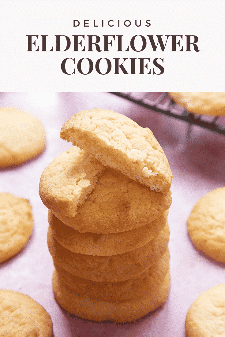 Stack of elderflower cookies with some graphic text at the top describing the image for Pinterest