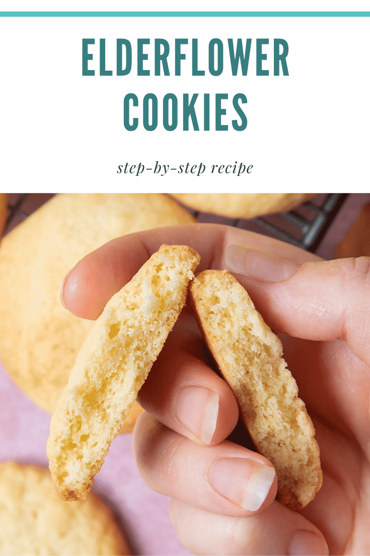 Hand holding a broken in half elderflower cookie. There's some text at the top of the image describing the image for Pinterest.