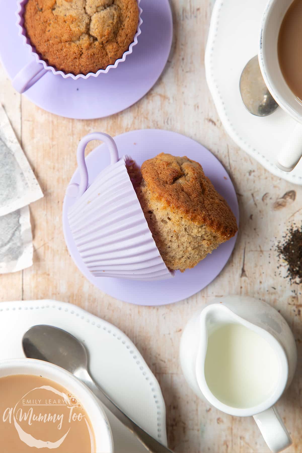 Overhead shot of Earl Grey cupcakes served on a silicone casing