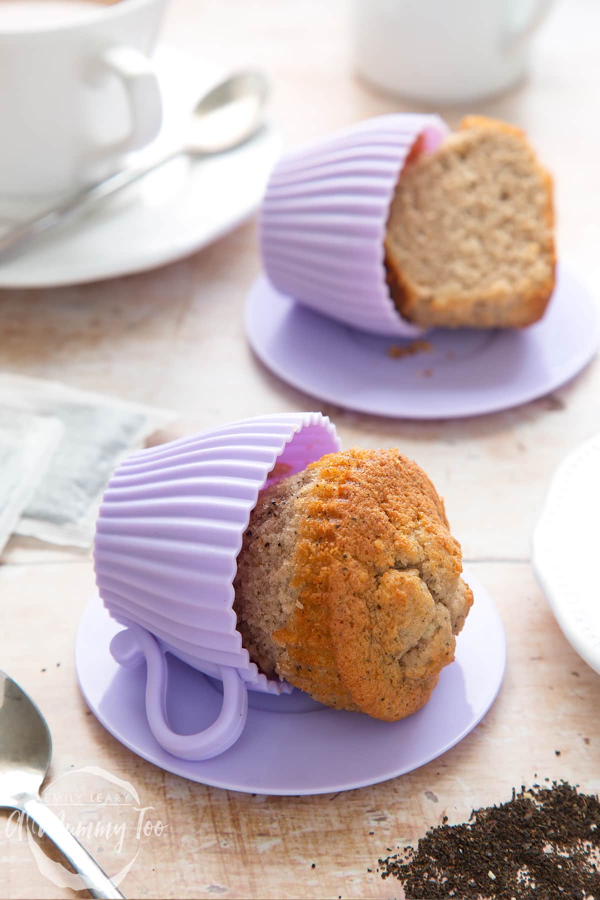 Forward shot of Earl Grey cupcakes being removed from the silicone casing