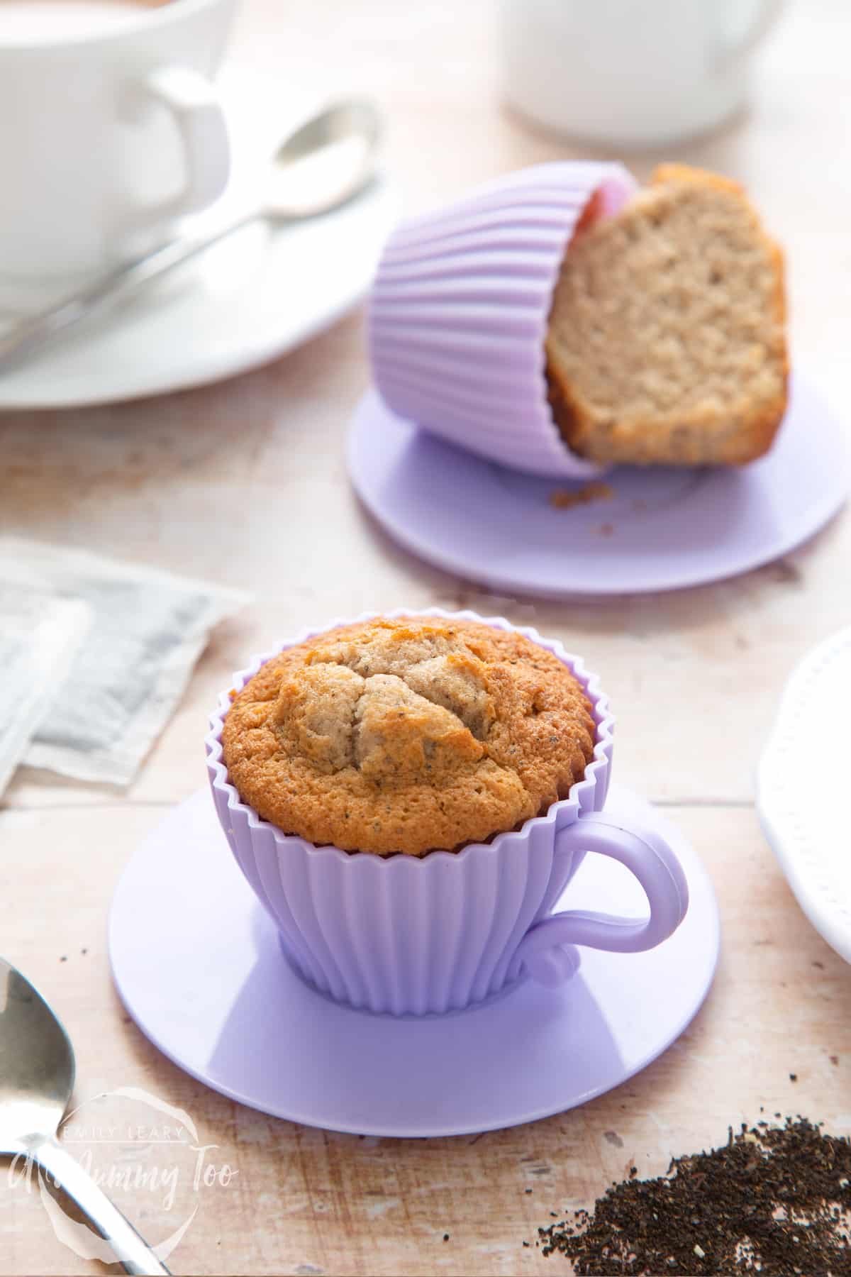 Forward shot of Earl Grey cupcakes served in a silicone casing