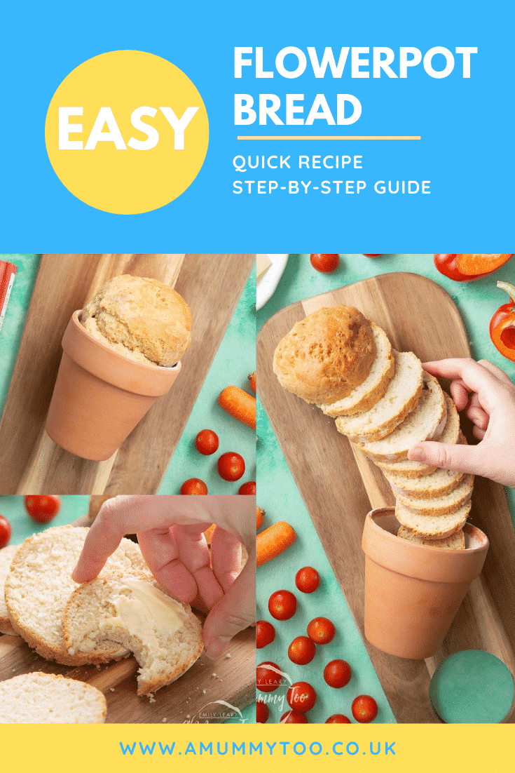 graphic text EASY FLOWERPOT BREAD QUICK RECIPE STEP-BY-STEP GUIDE above collage of three photos of flowerpot bread with website URL below