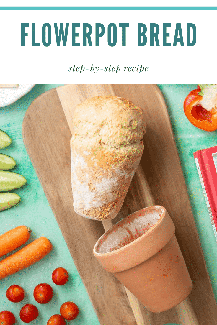 graphic text FLOWERPOT BREAD step-by-step recipe above a bread beside a flowerpot served on a wooden plate