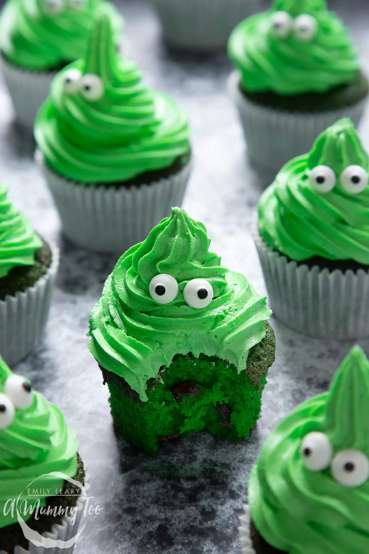 Green monster cakes with green sponge, peppermint green frosting and candy eyes.