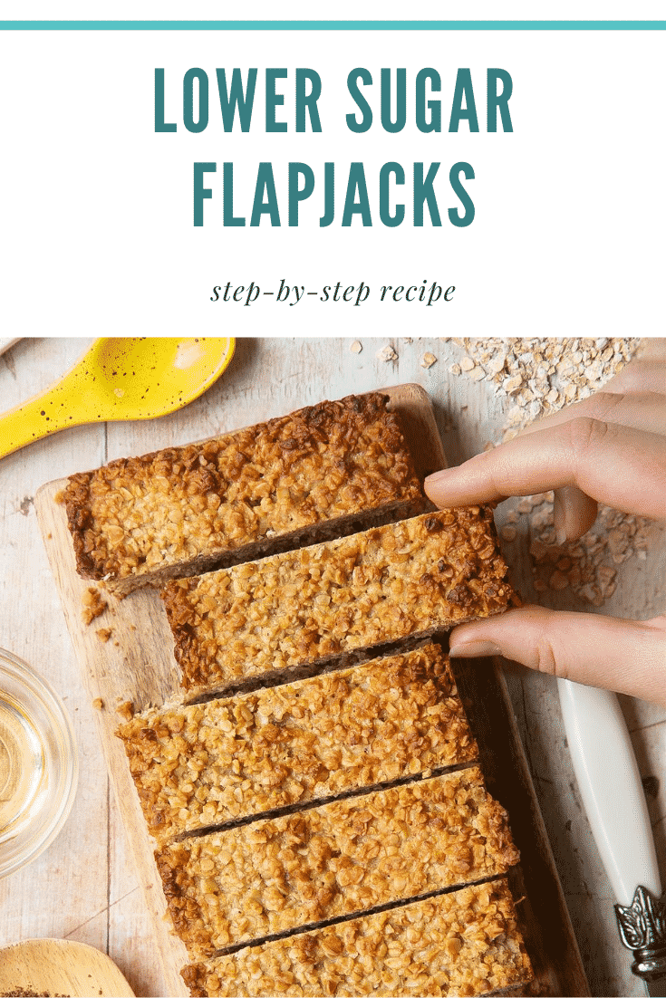 graphic text LOWER SUGAR FLAPJACKS step-by-step recipe above overhead shot of a hand holding a lower sugar vanilla oat flapjack