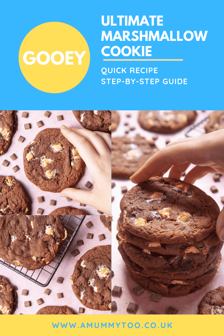 Three process images demonstrating how to make gooey ultimate marshmallow cookies, Some text at the top of the image describe the image for Pinterest.