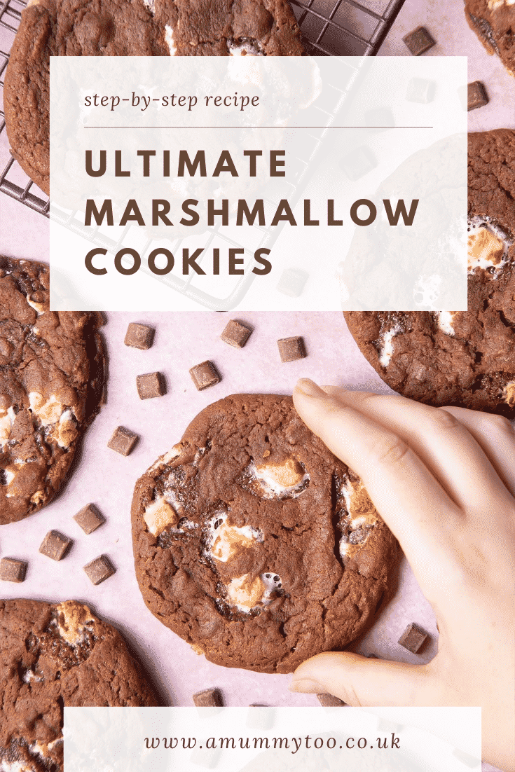 Overhead shot of ultimate marshmallow cookies on a cooling rack. At the top of the image there's some text describing the image for Pinterest.