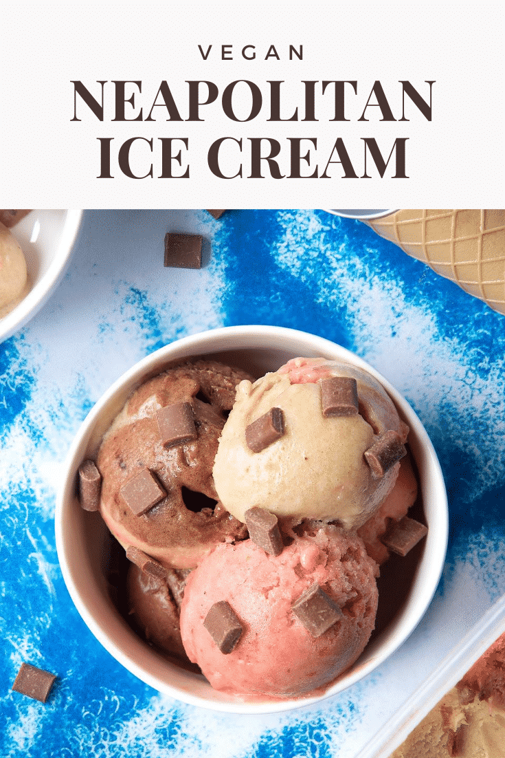 Close up of dairy-free Neapolitan ice cream served in a small white bowl, topped with chocolate chips. Caption reads: Vegan Neapolitan Ice Cream