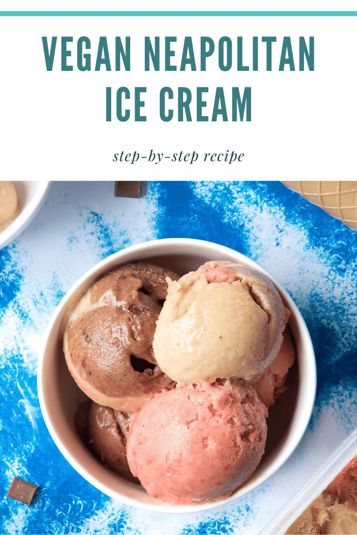 Dairy-free Neapolitan ice cream served in a small white bowl. Caption reads: Vegan Neapolitan Ice Cream Step-by-step Recipe