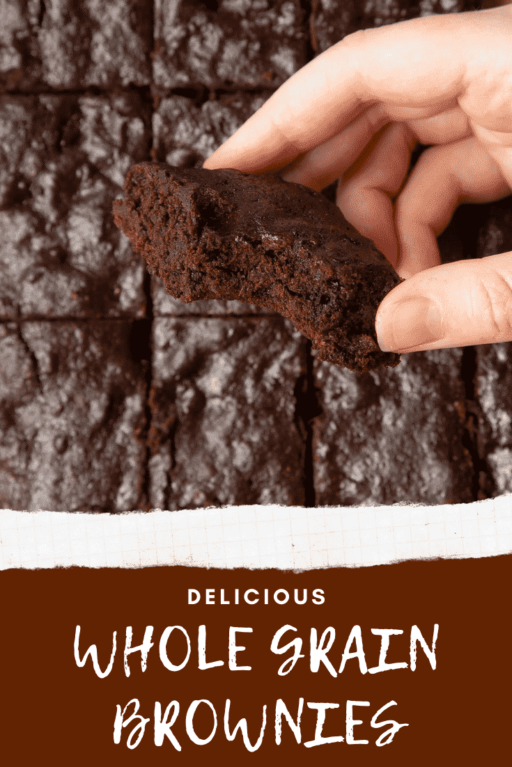 Whole grain brownies made with dates and dark chocolate. A hand holds one with a bite out of it. Caption reads: delicious whole grain brownies