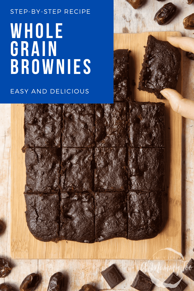 A board of whole grain brownies made with dates and dark chocolate. A hand takes one. Caption reads: step-by-step recipe whole grain brownies easy and delicious