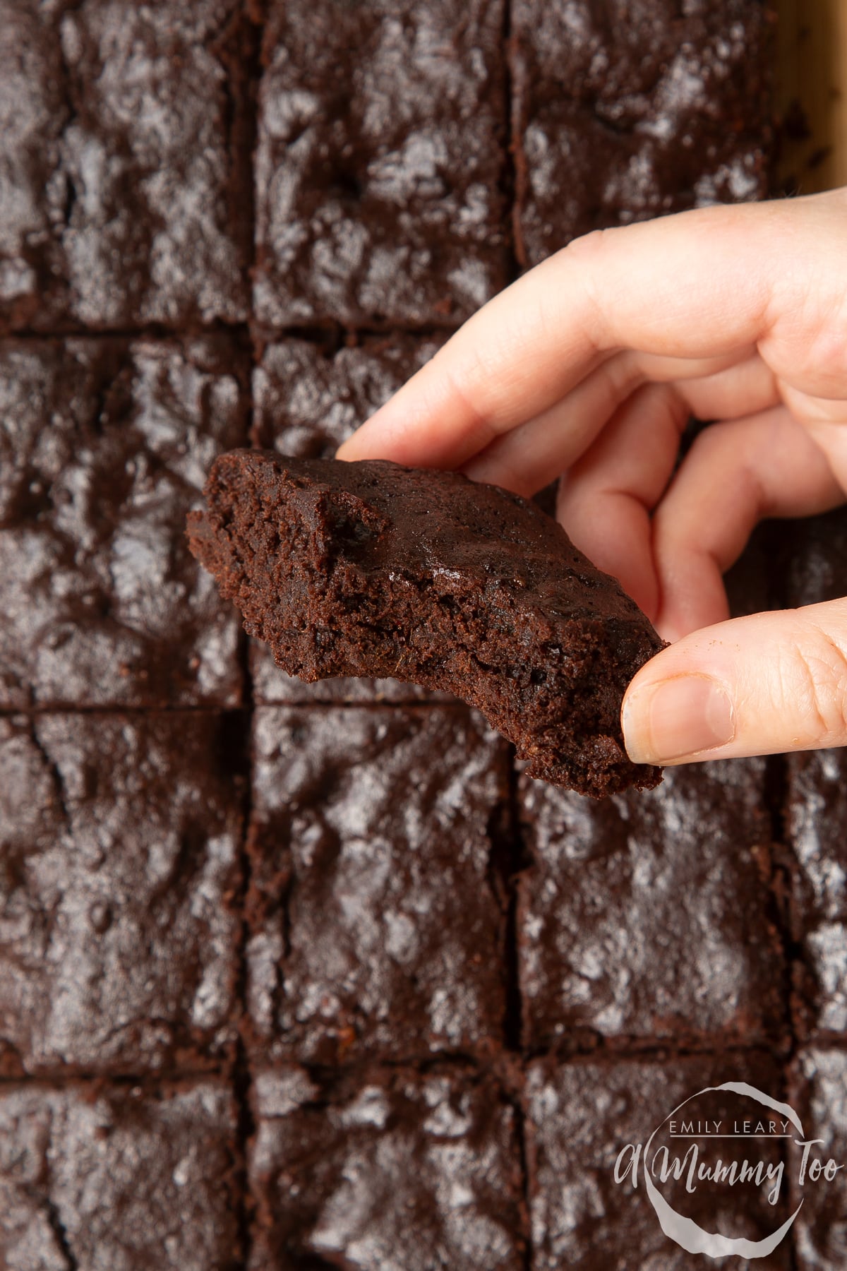 Whole grain brownies made with dates and dark chocolate. A hand holds one with a bite taken out of it.