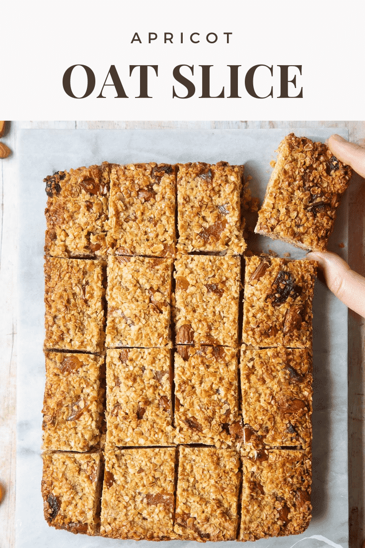 Graphic text STEP-BY-STEP RECIPE APRICOT OAT SLICE EASY AND DELICIOUS above Overhead shot of Apricot oat slices served in a marble slab with a mummy too logo in the lower-right corner