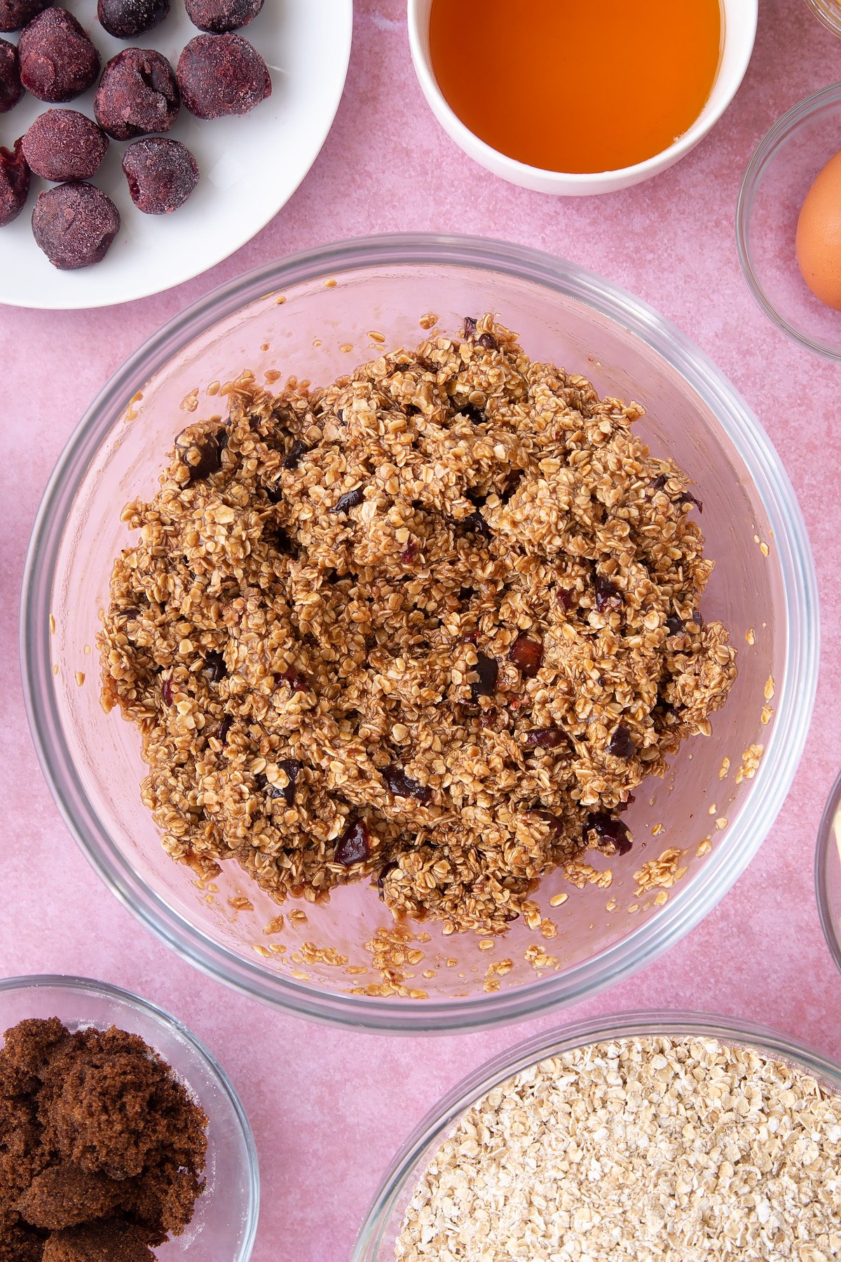 Overhead shot of oats mix in a large bowl