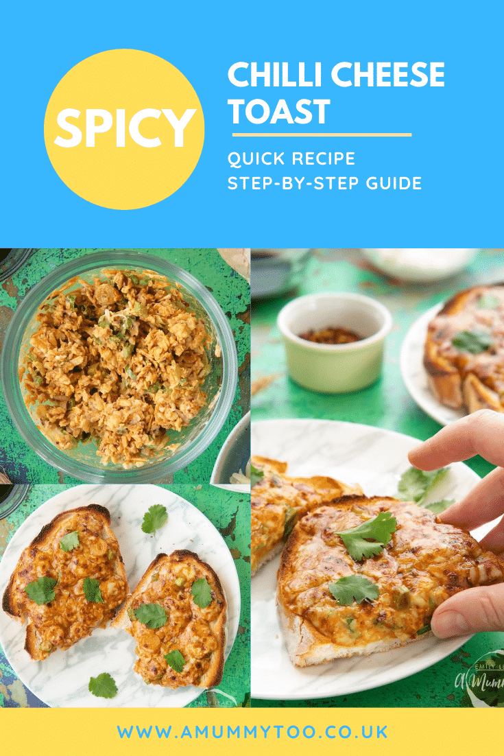 Collage of images of chilli cheese toast  on a white marbled plate, scattered with coriander. Caption reads: spicy chilli cheese toast - quick recipe - step-by-step guide