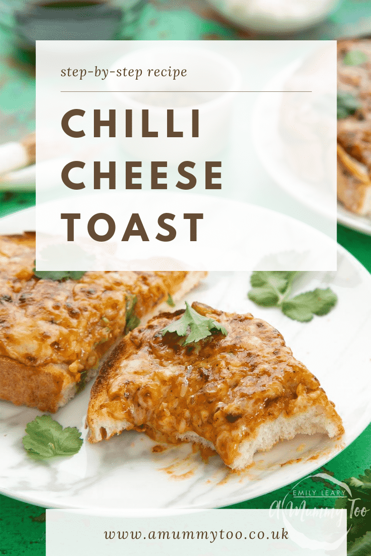 Two pieces of chilli cheese toast  on a white marbled plate, scattered with coriander. A hand reaches to take one. Caption reads: chilli cheese toast step-by-step recipe