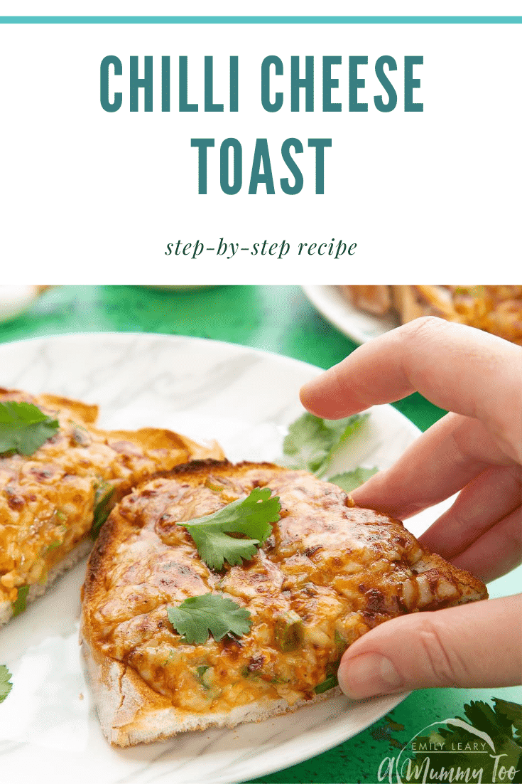 Two pieces of chilli cheese toast  on a white marbled plate, scattered with coriander. A hand reaches to take one. Caption reads: chilli cheese toast step-by-step recipe